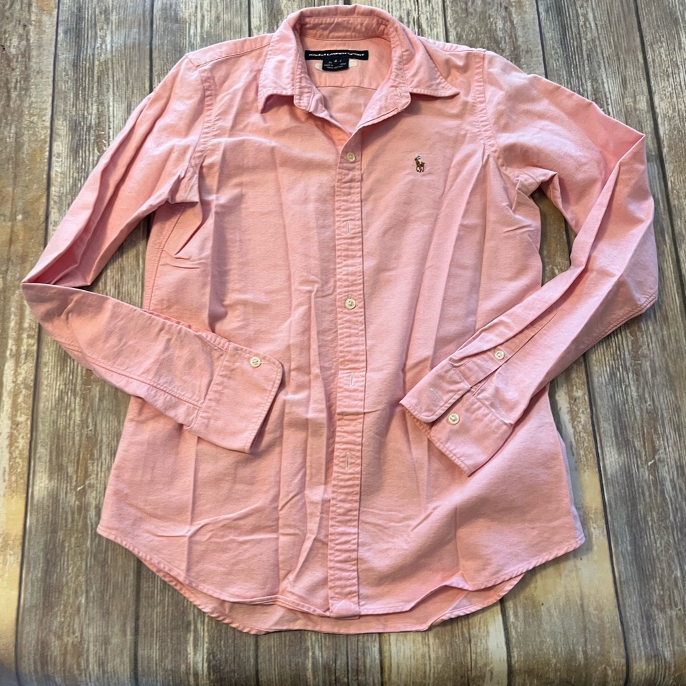 Ralph Lauren Sport Top Women's Size 4 Pink Button Front Collar Long Sleeve